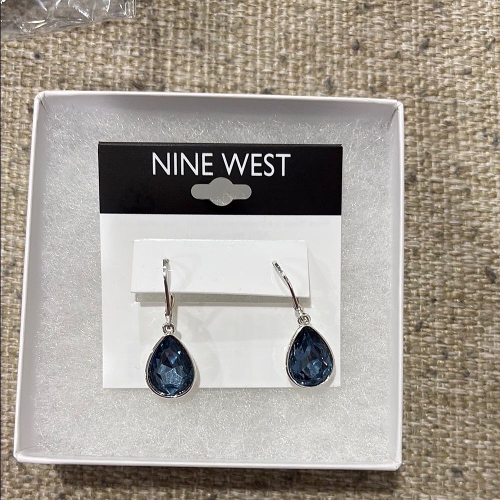 Nine West Silver-Tone Navy Teardrop Dangle Earrings
